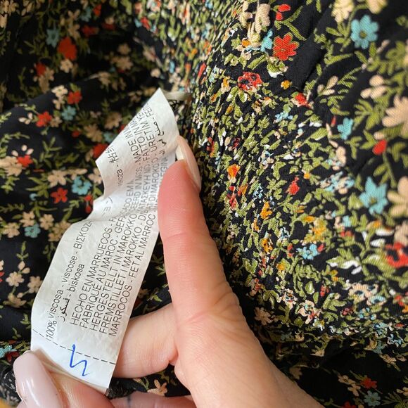 Zara Peasant Boho Black Multi Floral Tiered Ruffle Mini Sundress Tie Front Small - Picture 11 of 12